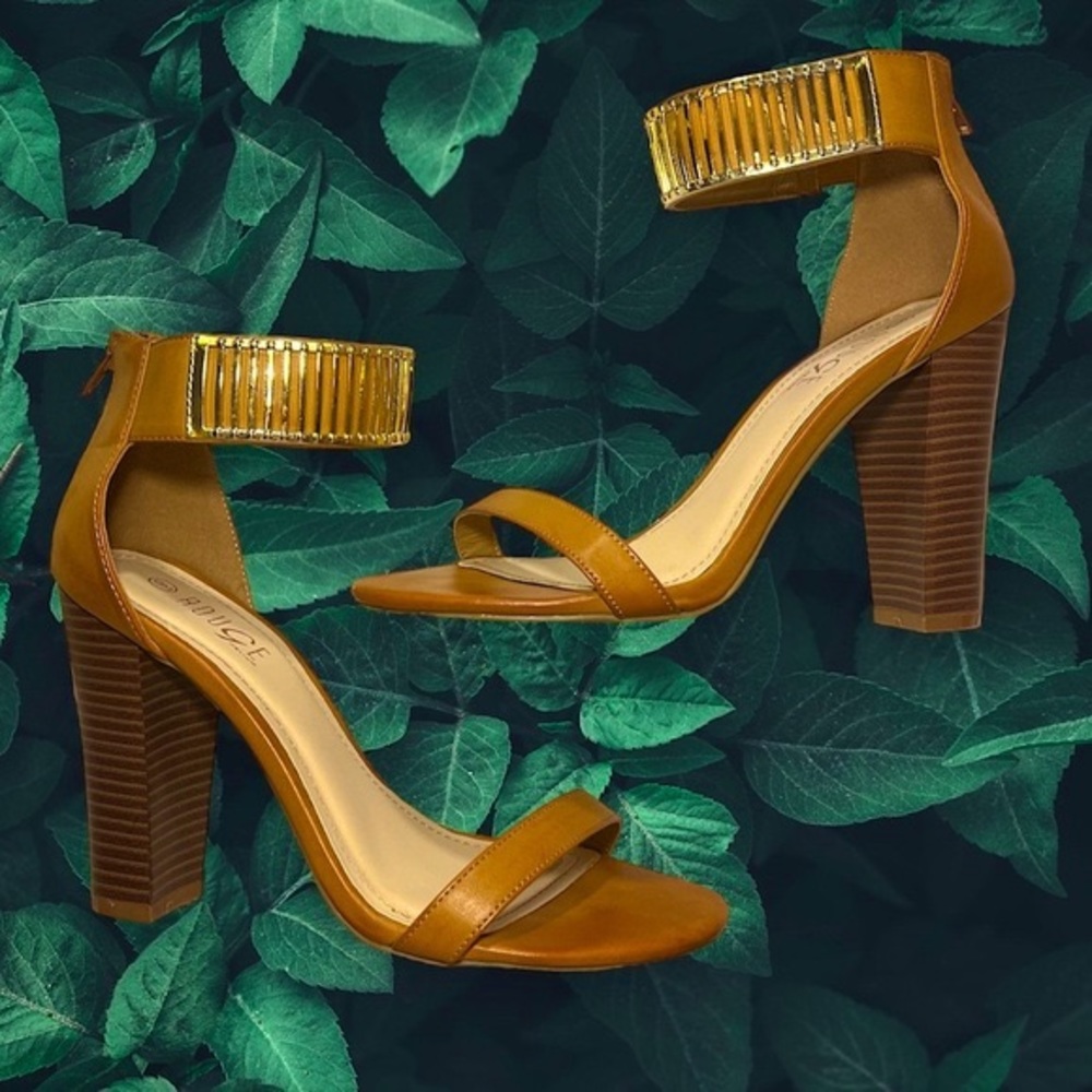 Women's Cognac Gold Strap Block Heel Sandals